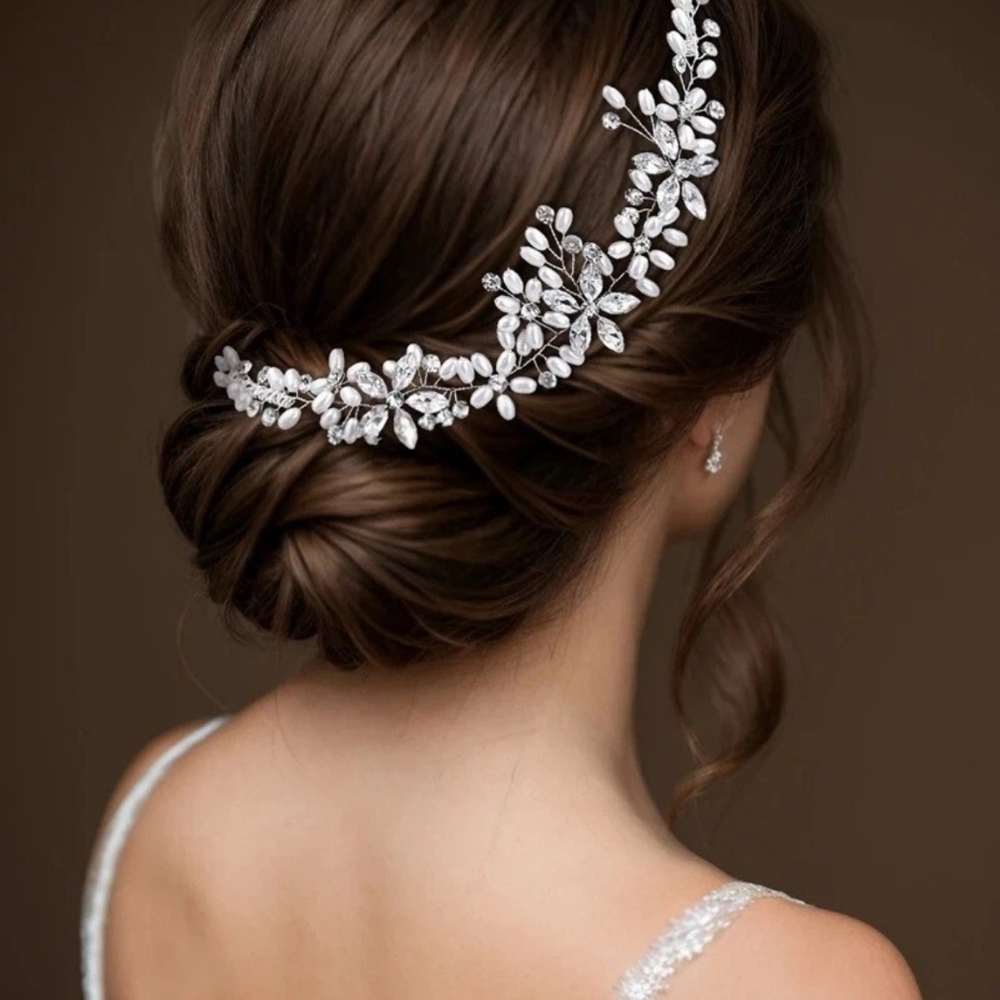 Bridal Pearl & Rhinestone Hair Vine Comb Silver Wedding Headpiece NWT